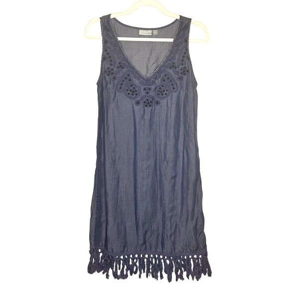 NY&Co Chambray Boho Embroidered Fringe Hippie Dress Womens XS Fairy Cottage 70s - Picture 1 of 10